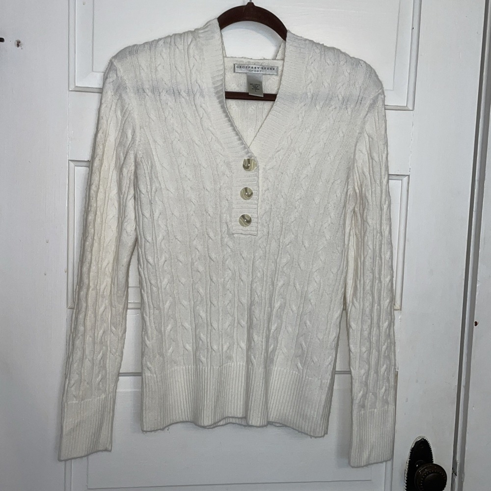Super Soft Long Sleeve Hooded White Cable Knit Sweater L Womens Henley‎ Shape